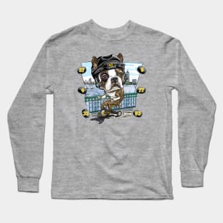 Boston Terrier Dog with Black Hockey Helmet Long Sleeve T-Shirt